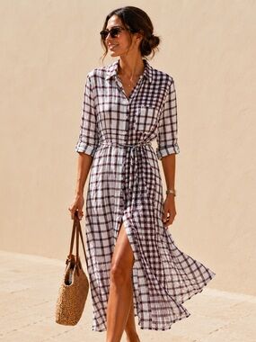 Marks & Spencer M 100% Cotton Burgundy White Plaid Shirt Dress Midi Gauzy Flowy